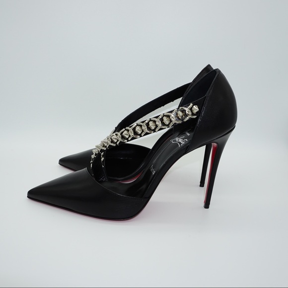 Christian Louboutin Deomina Chain 100 Black Spike Cross Strap Heel Pump 38.5 - Picture 4 of 11